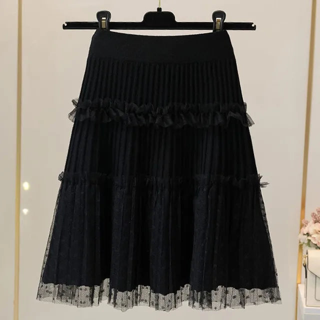 Women Tulle Patchwork Puffy Skirt Korean Style High Waist Knitted Dot Pleated Skirt Woman Spring Simple All-Match Short Skirts