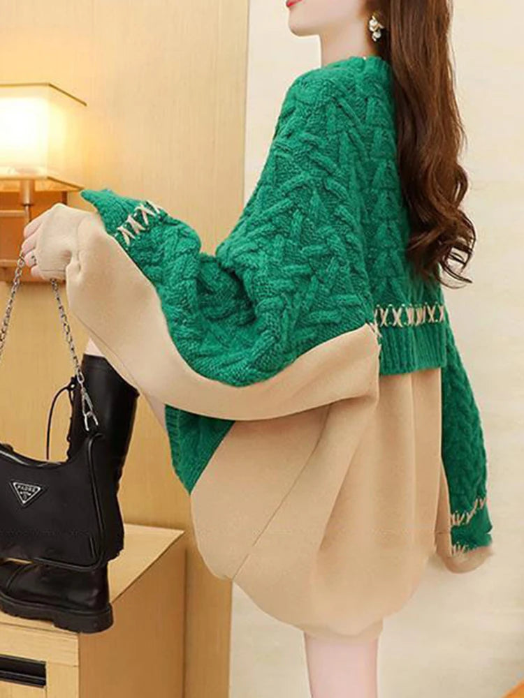 Autumn Winter All Match Woman Sweater Fashion Patchwork Knit Pullover Sweater New Loose Knitwear Tops Female