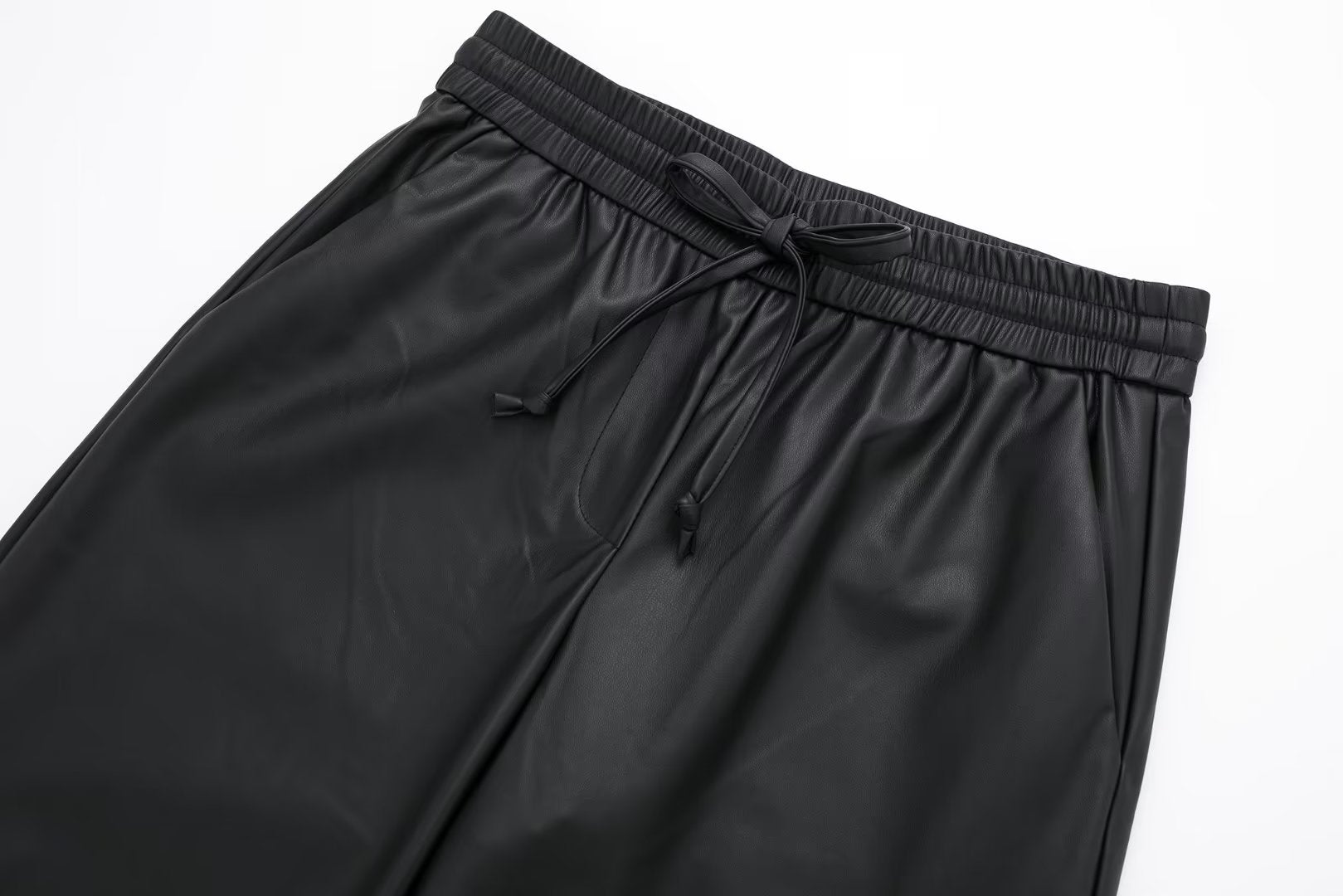 Autumn Fashion Women Elegant Side Pockets Drawstring Casual Joggings Long Pants Woman Black High Waist Faux Leather Pants