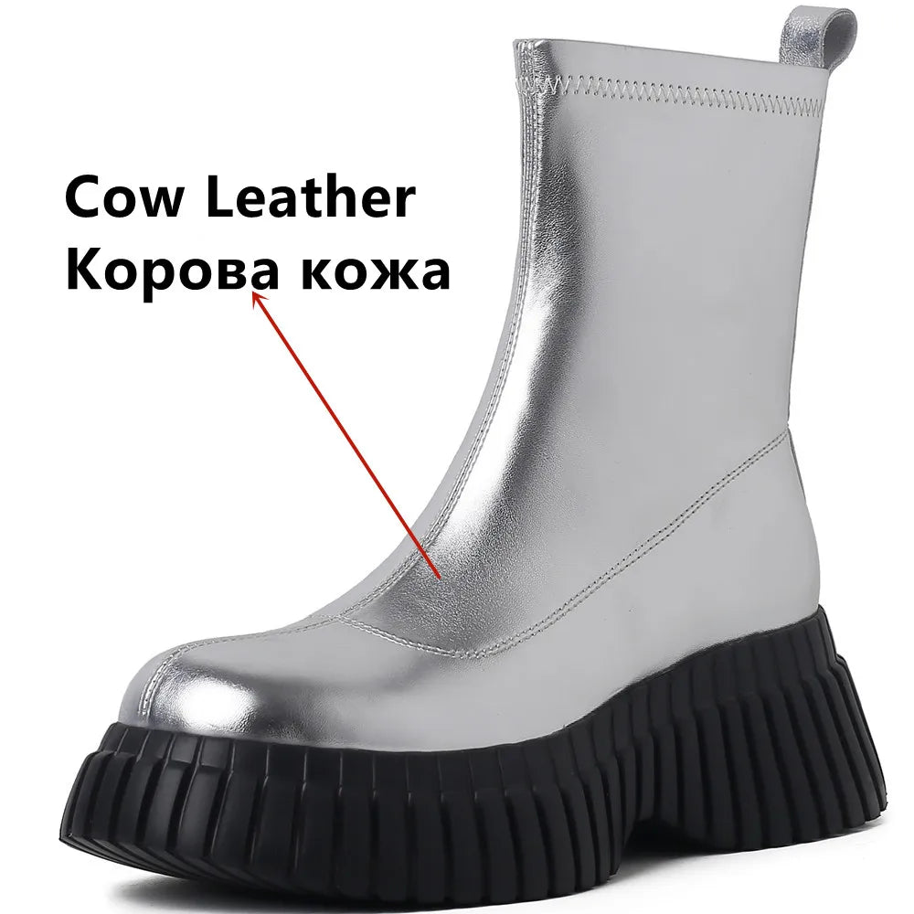 Fashion Platforms Women Stretch Short Boots  Autumn Winter Genuine Leather Casual Ankle Boots Round Toe Shoes Woman
