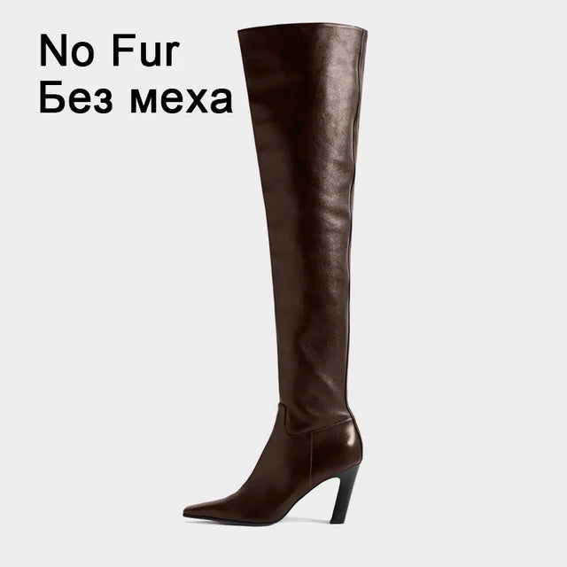 Size 34-43 Autumn Winter Women Over Knee-High Boots Pointed Toe Real Leather Heels Office Lady Shoes Woman Boots