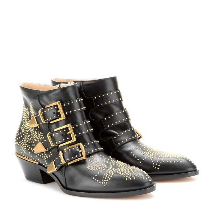 Studded Snake Skin Ankle Boots For Woman Buckle Strap Genuine Leather Chunky Heel Martin Boots Women Luxury