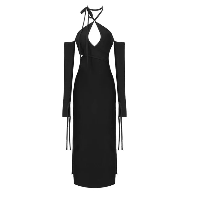 Black Midi Dress Woman Sexy Hollow Out Design Long Sleeve Stretch Bandage Dresses Fashion Casual Wear  Autumn Winter New