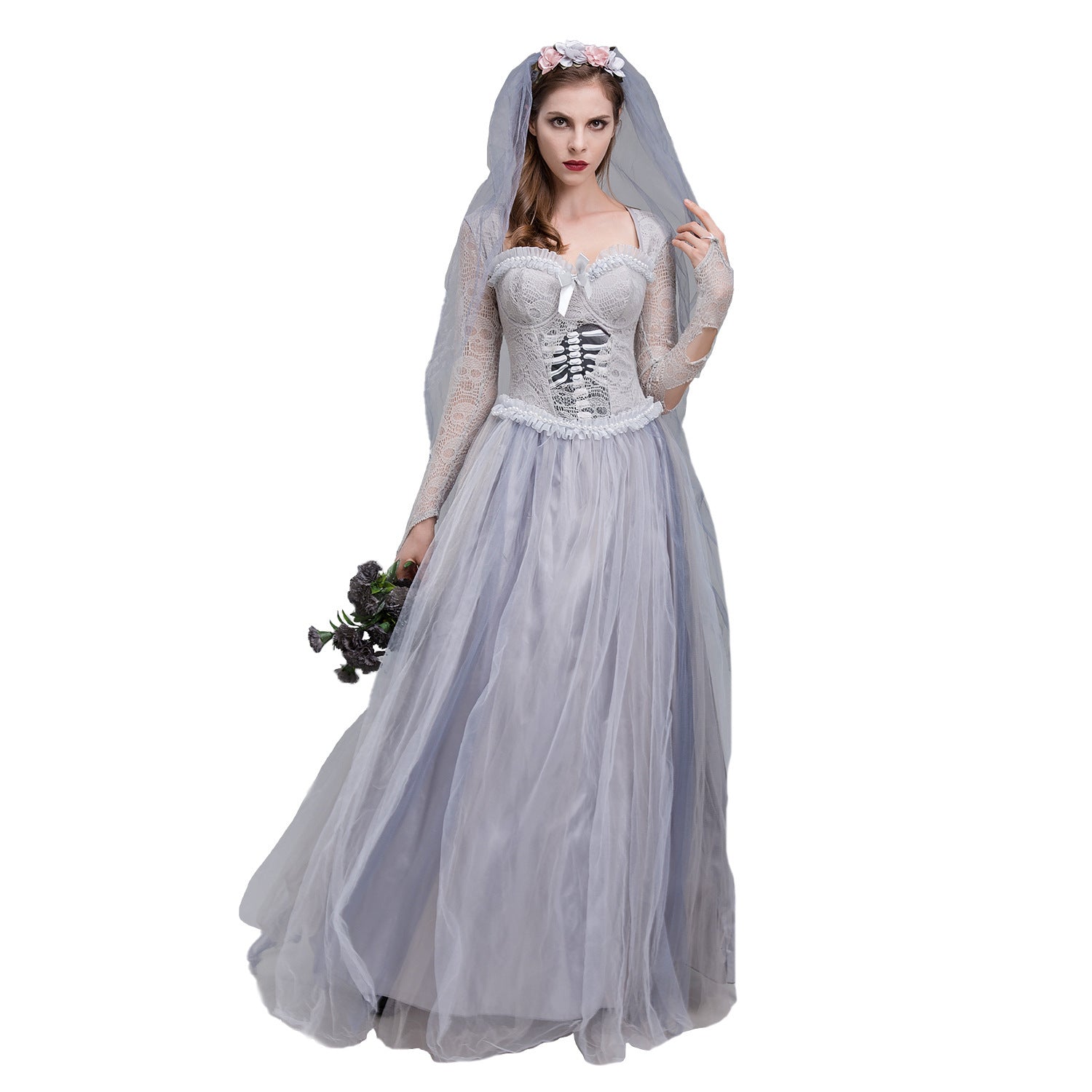 Halloween Costume Ghost Bride Dress Skull Horror Queen Costume Gray Ghost Woman Dress