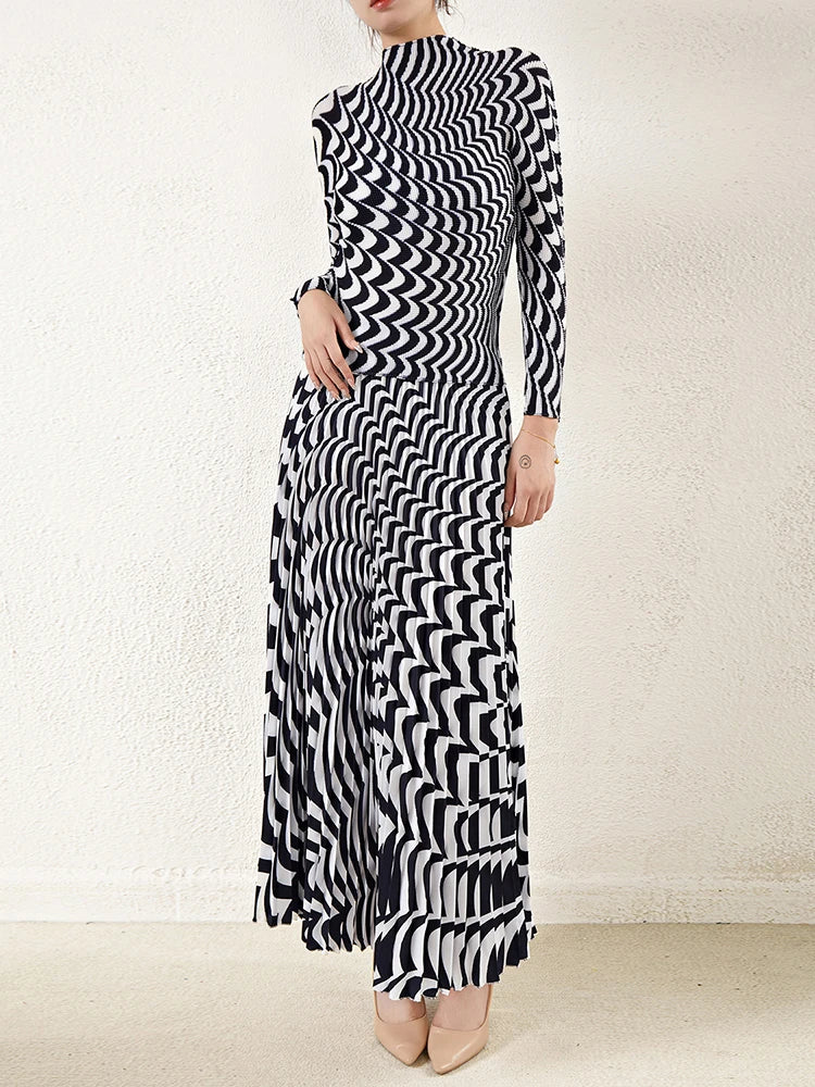 Fashion Print Woman Two Piece Set Pleated Long Sleeve Loose O-neck Office Lady Vintage Style
