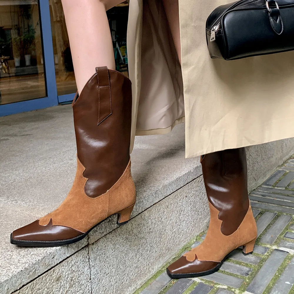 Mixed Colors Women Mid-Calf Boots Splicing Genuine Leather Western Short Boots Autumn Winter Casual Shoes Woman