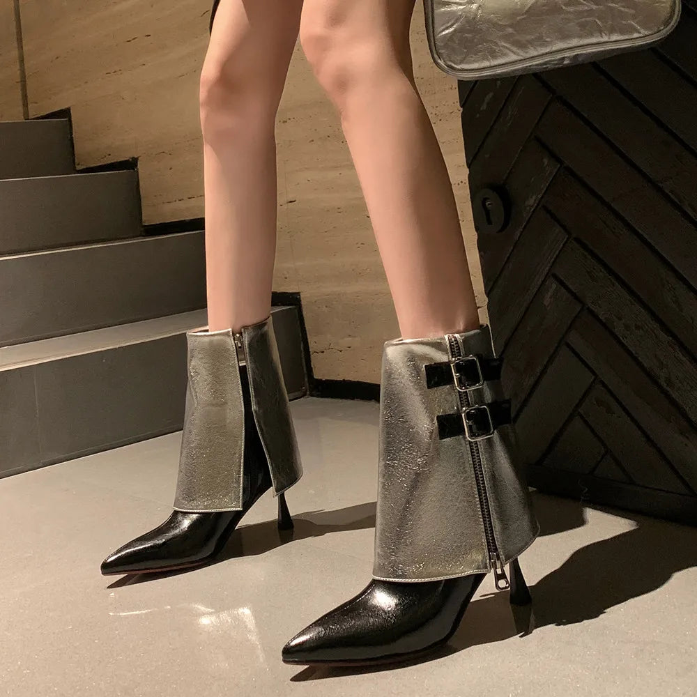Women Short Boots Autumn Winter Fashion Mixed Colors Thin High Heels Party Office Lady Genuine Leather Shoes Woman