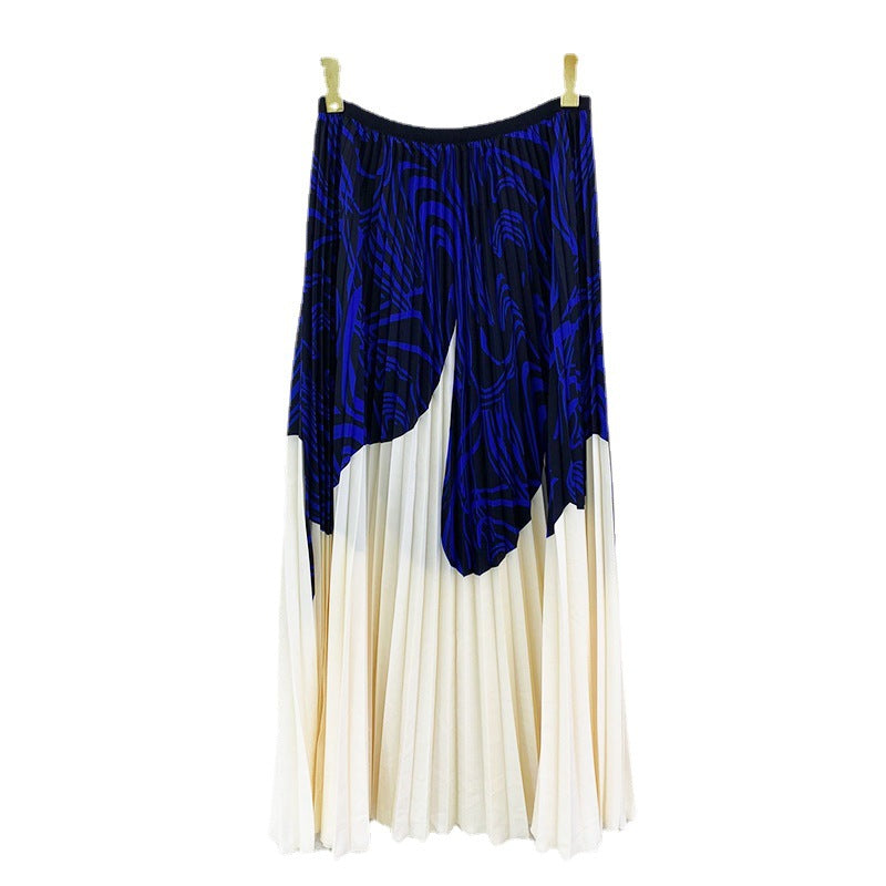 Woman Pleated Skirt Blue Patchwork Striped Print Long High Elastic Waist Vintage Style New Autumn Fashion