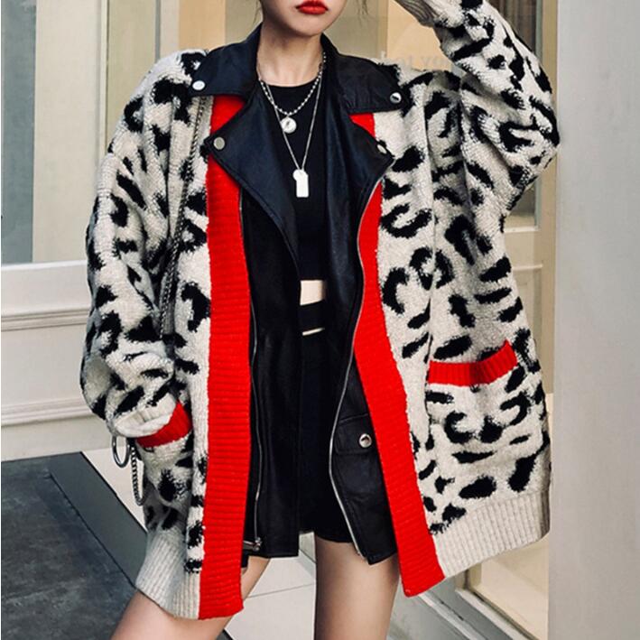 Autumn and Winter Spell PU Leather Lapel Leopard Print Sweater Coat Female Loose Zipper Woman Sweaters
