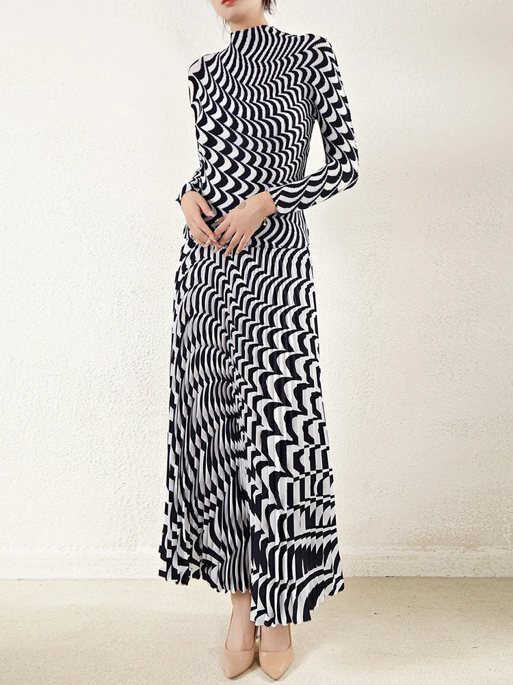 Fashion Print Woman Two Piece Set Pleated Long Sleeve Loose O-neck Office Lady Vintage Style