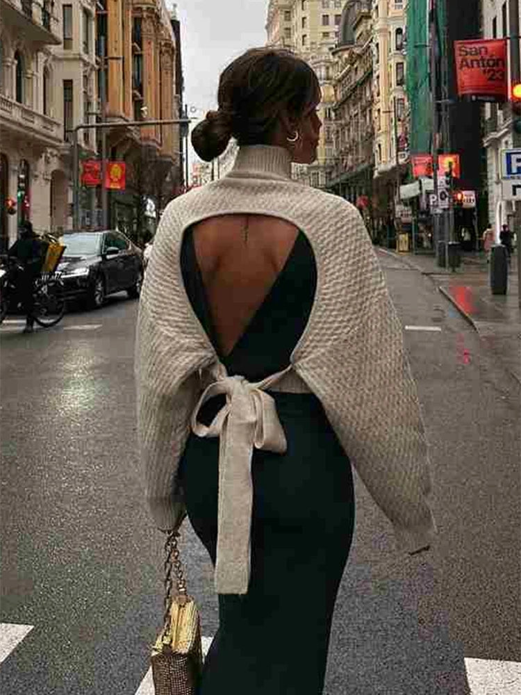 Sexy Backless Lace Up Knitted Sweater Woman Solid Turtleneck Long Sleeve Jumper Pullover  Spring Female Elegant Street Tops