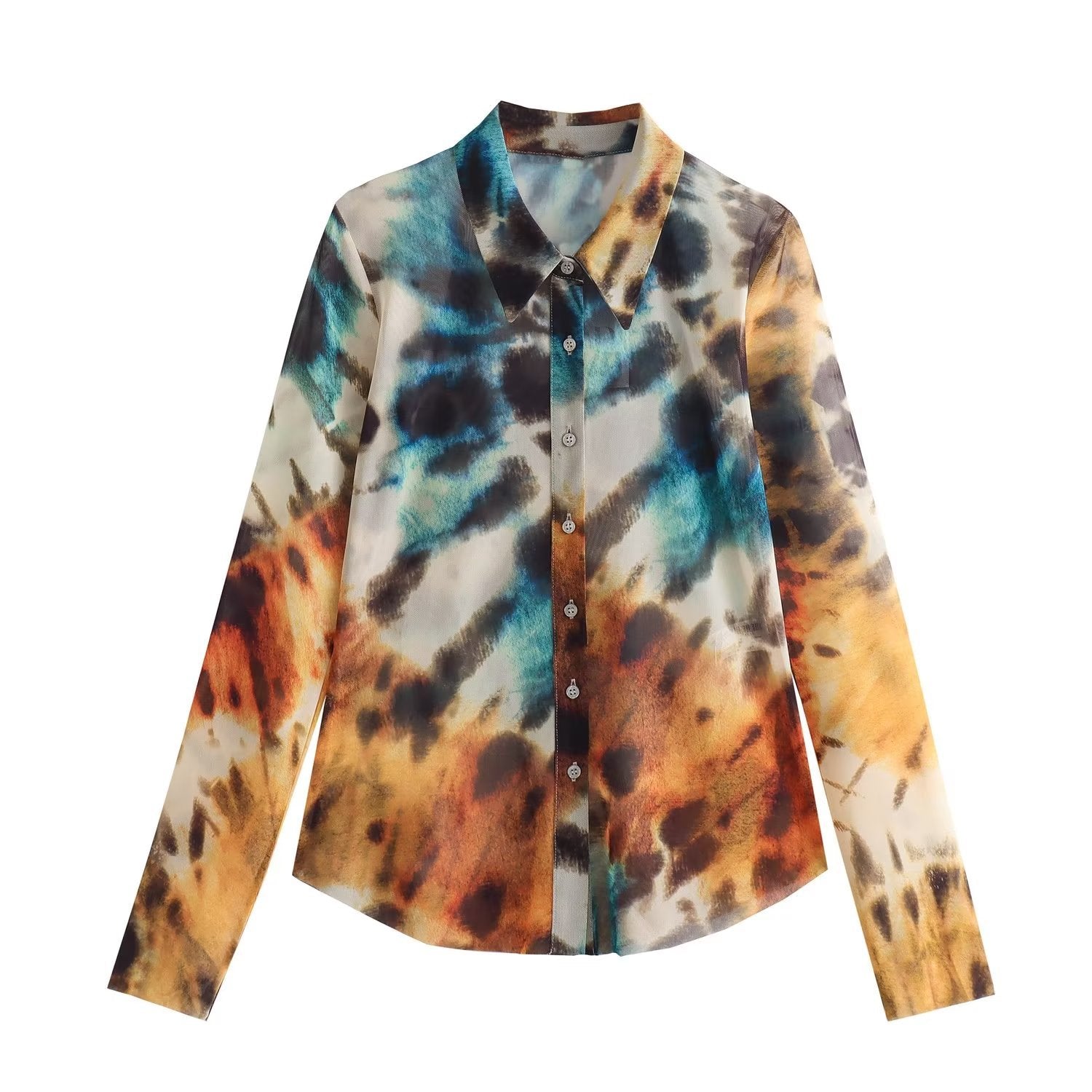 Women Fashion Casual Slim Vintage Printed Shirt Top Woman Elegant Chic Single-Breasted Decorate Long Sleeve Shirt