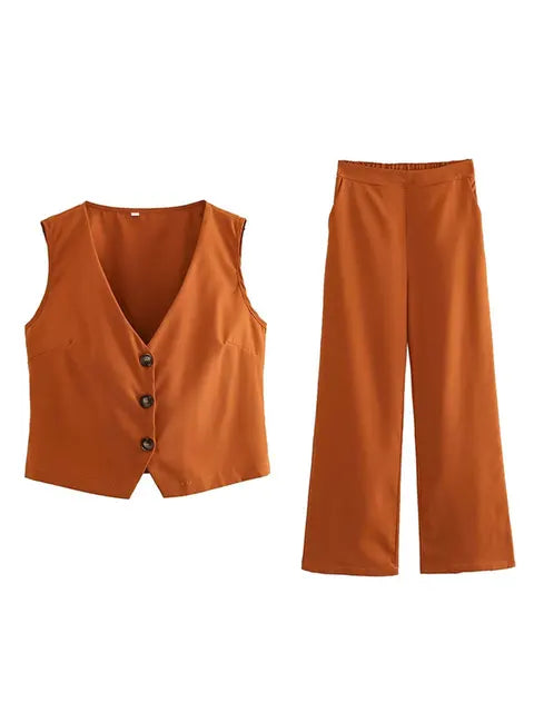 Summer Woman Pant 2 Pieces Sets Female Fashion Single Breasted Vest Tops And High Waists Pants Summer Lady Commute Sets