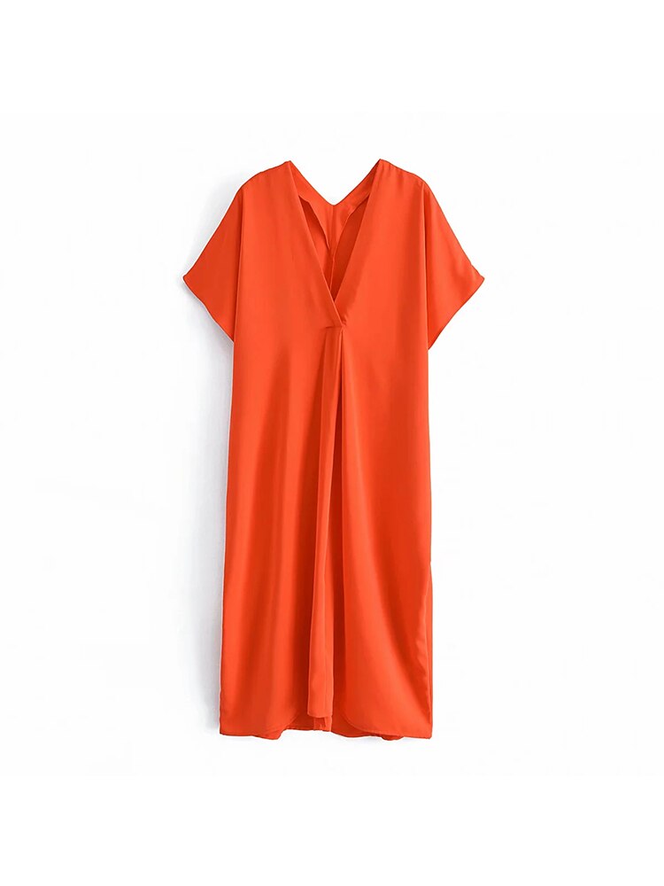 TRAF Summer Woman Dresses Orange Satin Long Dress Women  Short Sleeve Oversize Midi Tunic Dress Ruched Casual Dresses