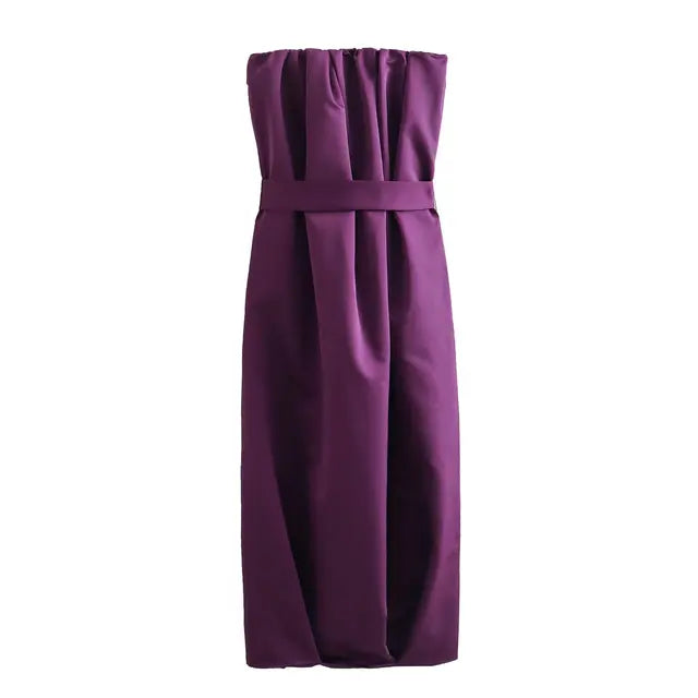 Female Chestless Taffeta Dress Casual Slim With Belt Woman Sleeveless Purple Midi Dresses Mujer Vestidos