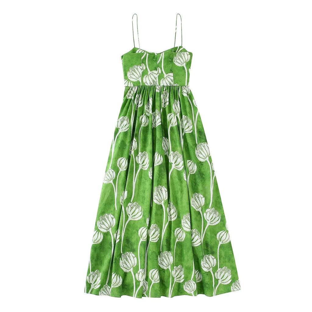Woman Floral Printed Slip Long Dress Fashion Summer Backless Midi Dress Femel Casual Elegant Dresses
