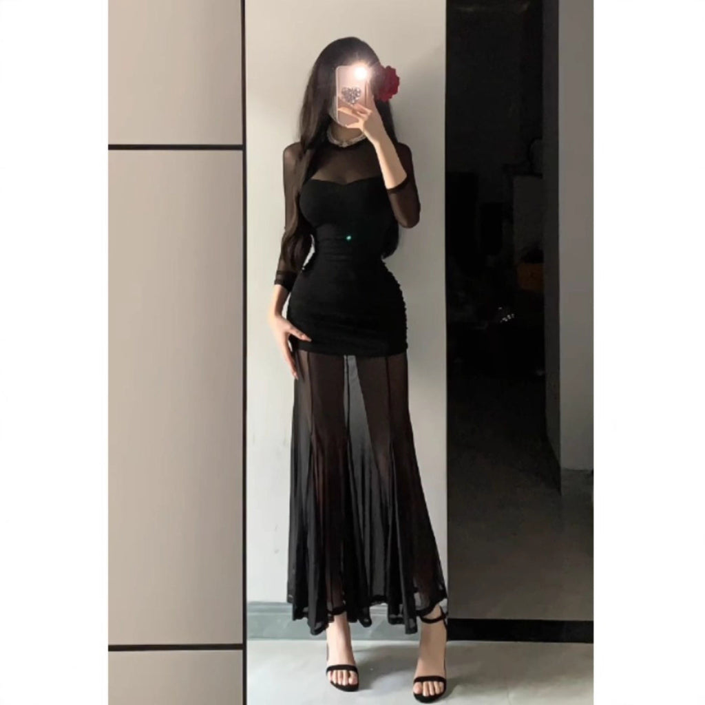 Chic Elegant Woman Style Fish Tail Long Dress for Women, Sexy Mesh Spliced Dress