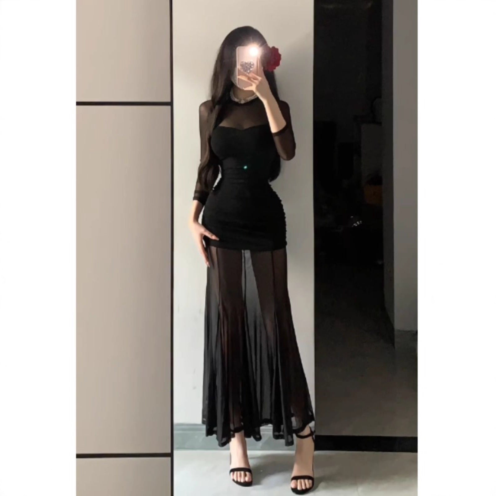 Chic Elegant Woman Style Fish Tail Long Dress for Women, Sexy Mesh Spliced Dress