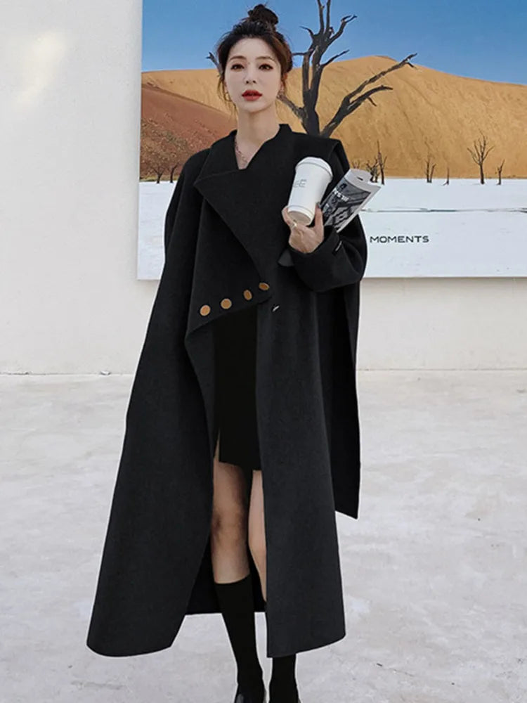 Scarf Collar Woman Cashmere Coat Thick Cardigan Single Breasted Full Sleeve Solid Color Vintage Style New