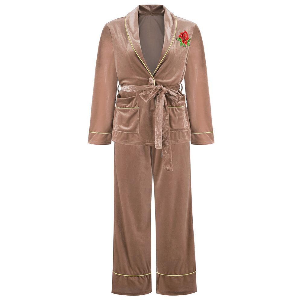 Korean Velvet Rose Embroidered Gold Pocket Home Suit Blouse Trousers Pajamas Woman