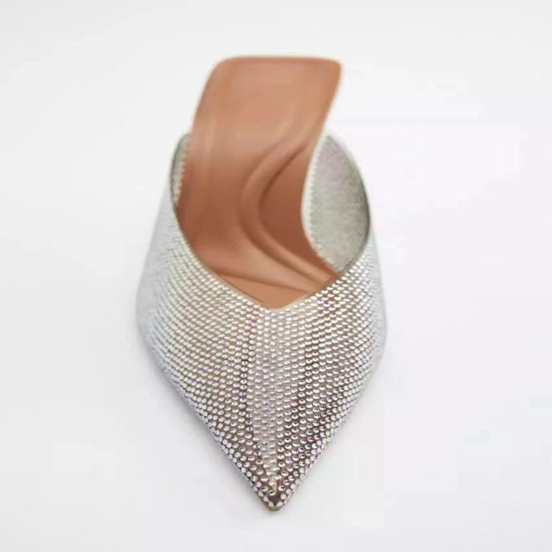 Clear Mules High heel Woman Transparent Rhinestone Heels Slingback Shoes High-heeled Sandals