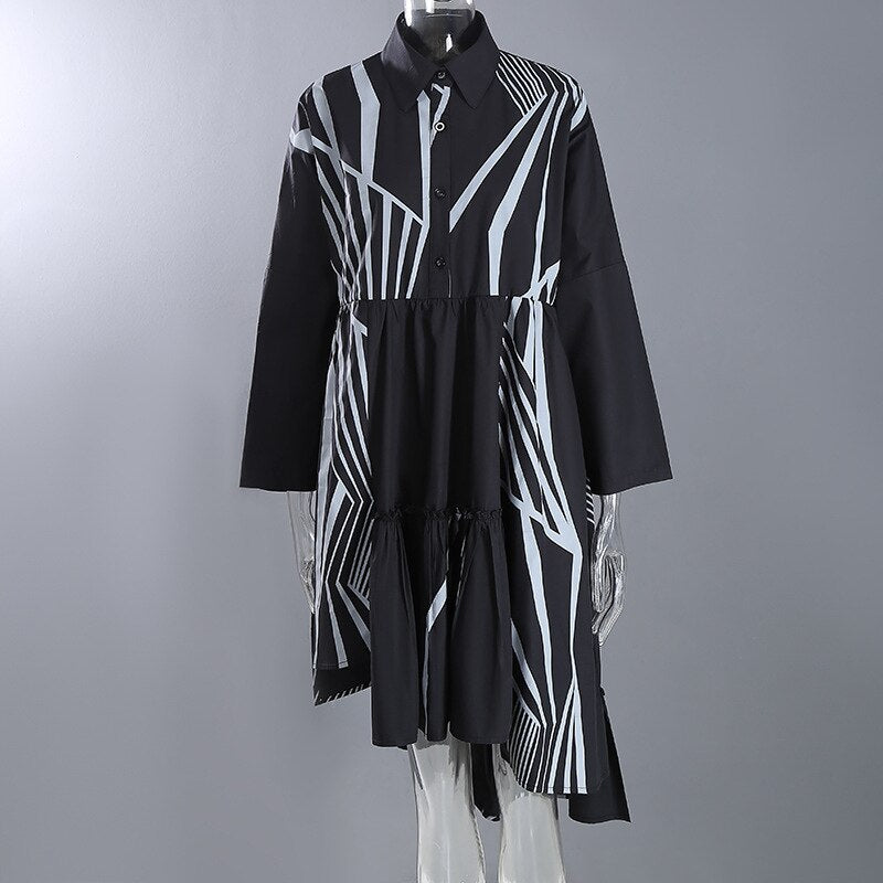 Spring New Plus Size Loose Turn Down Collar Full Abstract Print Irregular A Line Woman Dress