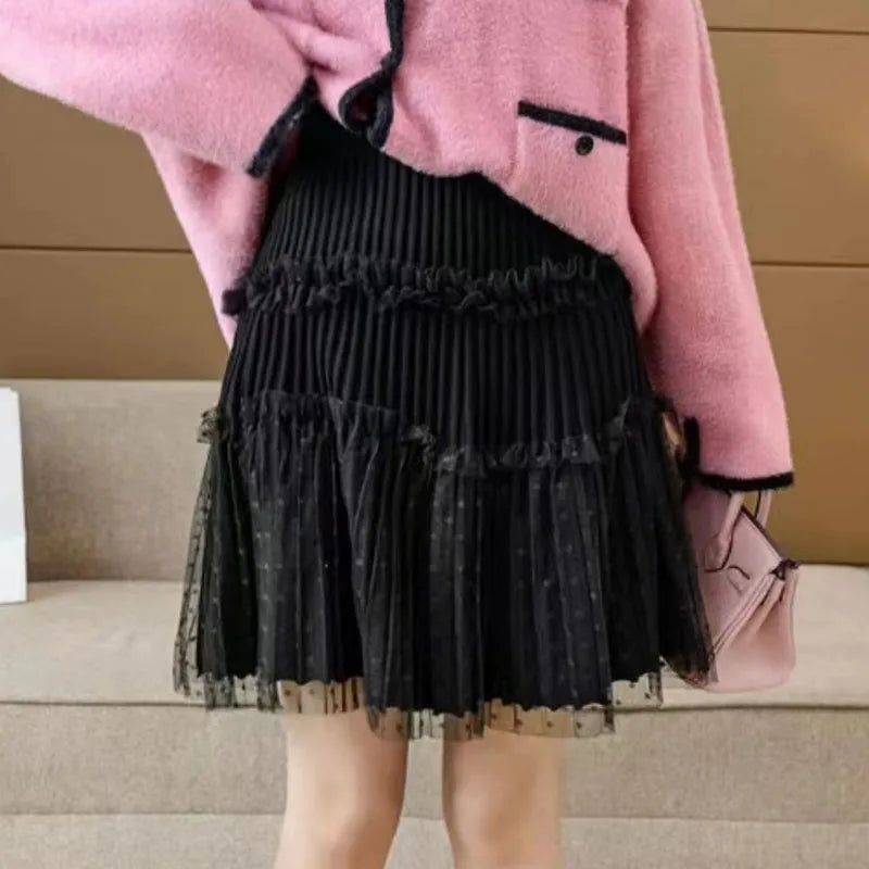 Women Tulle Patchwork Puffy Skirt Korean Style High Waist Knitted Dot Pleated Skirt Woman Spring Simple All-Match Short Skirts