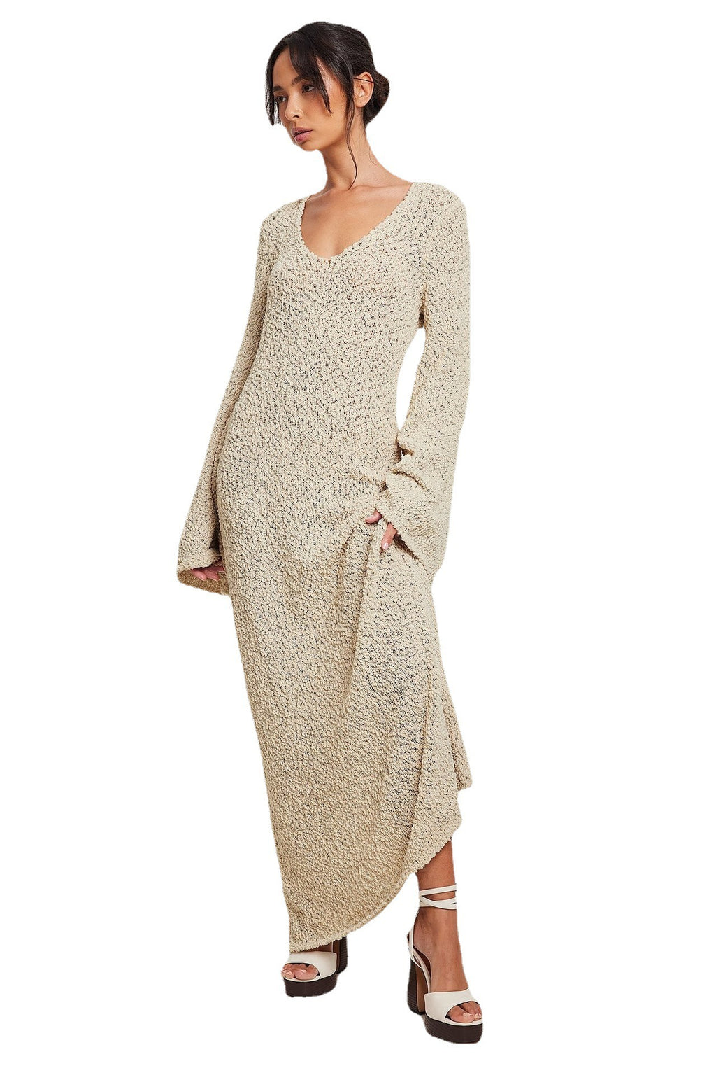 Woman Long Dress Elegant Fashion Knitted Plush Long Flared Sleeve Backless Autumn Fairy Dress