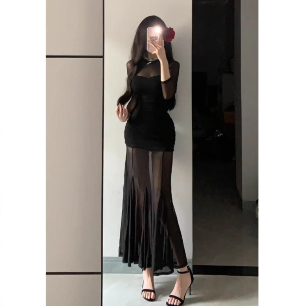 Chic Elegant Woman Style Fish Tail Long Dress for Women, Sexy Mesh Spliced Dress