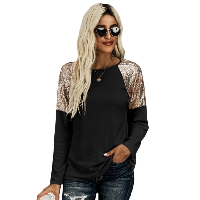 New Autumn Winter Hoods  Solid Sequin Stitching Round Neck Long Sleeve Casual Slim Woman Sweatshirts