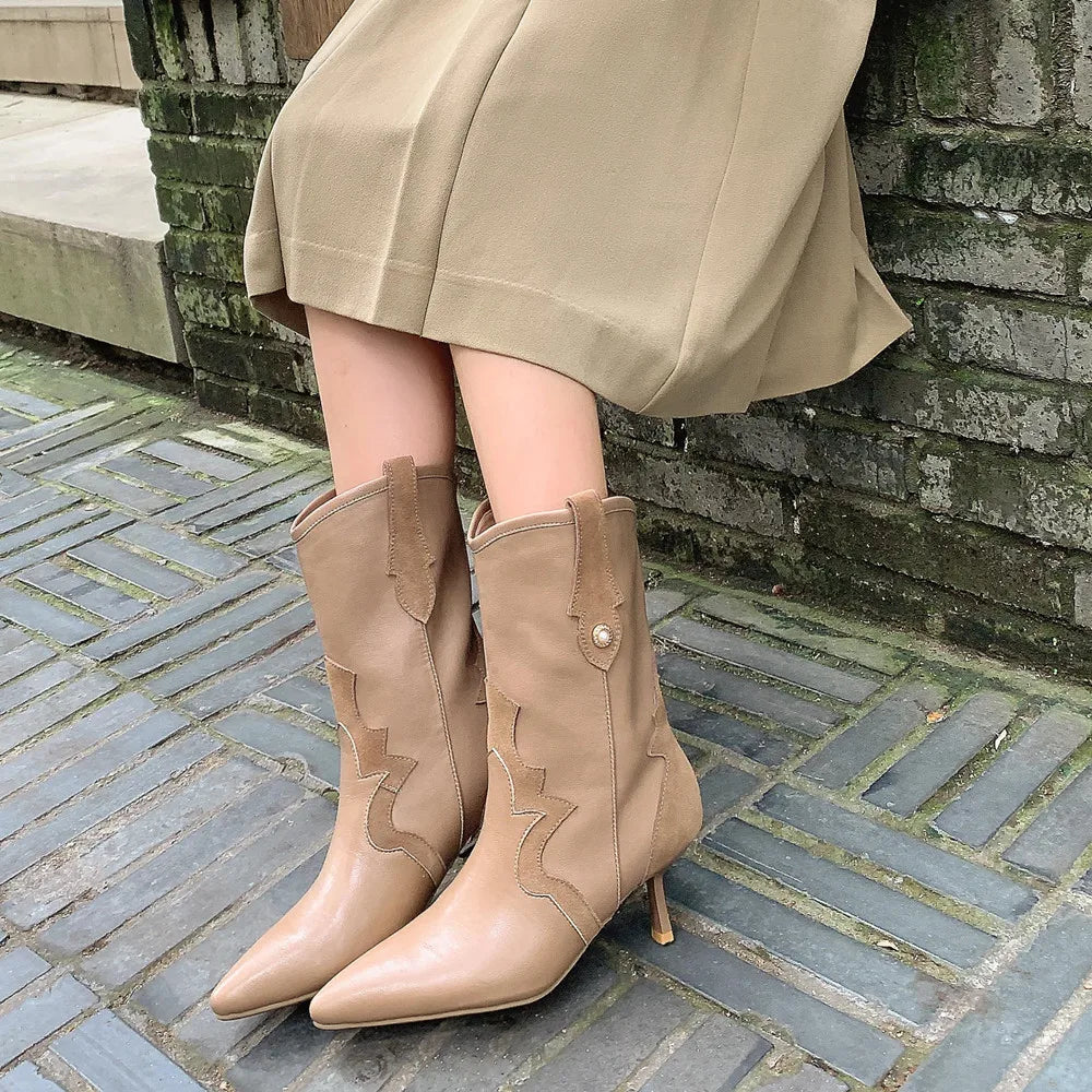 Splicing Genuine Leather Women Mid-Calf Boots Autumn Winter Thin High Heels Pointed Toe Party Office Lady Shoes Woman