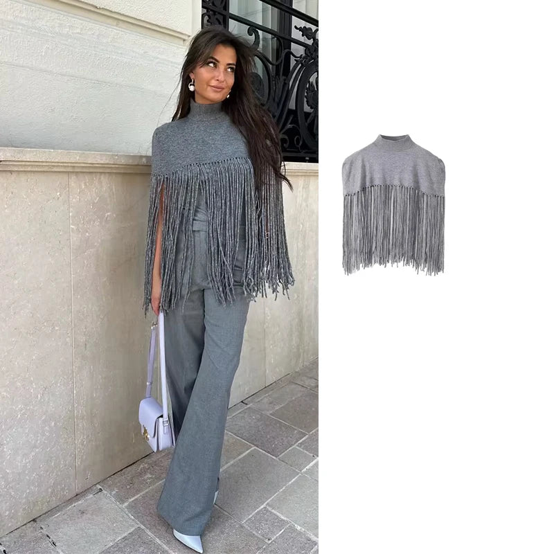 TRAF 2023 Knitted Tassels Poncho Coat Women Fashion Hollow Out Cropped Cape Coats Top Woman Autumn Jackets Casual Top
