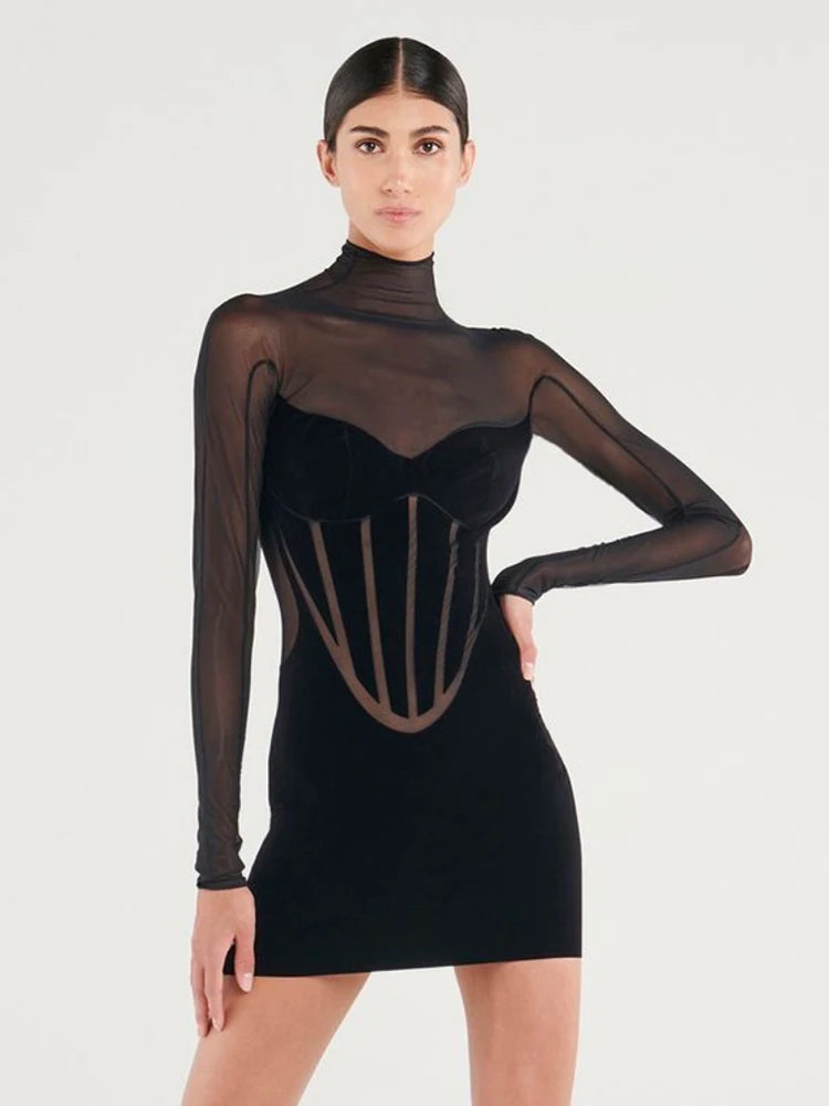 Woman Sexy Beautiful Back See Through Long Sleeve Celebrity Party Club Mesh Splicing Bandage Black Mini Dress Vestido