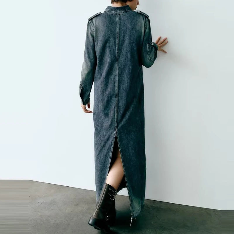 Denim Shirt Dress Woman AutumnLong Dresses for Women 2023Casual Maxi Dress Women Long Sleeve Split Female Dress