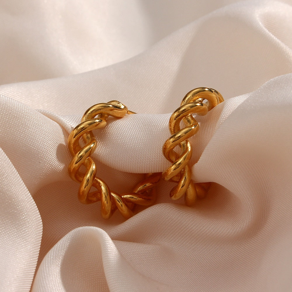 18K Gold Plated Jewelry Tarnish Free Stainless Steel Creative Twisted Hollow Hoop Earrings For Woman