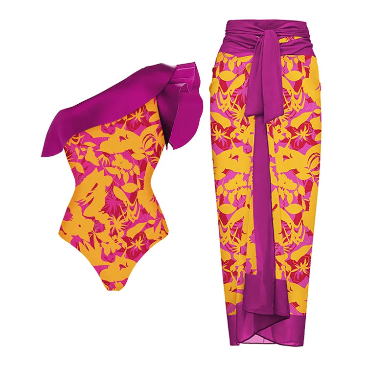 Women's swimsuit One Shoulder Ruffle Printed One Piece Swimsuit and Sarong  Beachwear Summer beach woman Swimwear