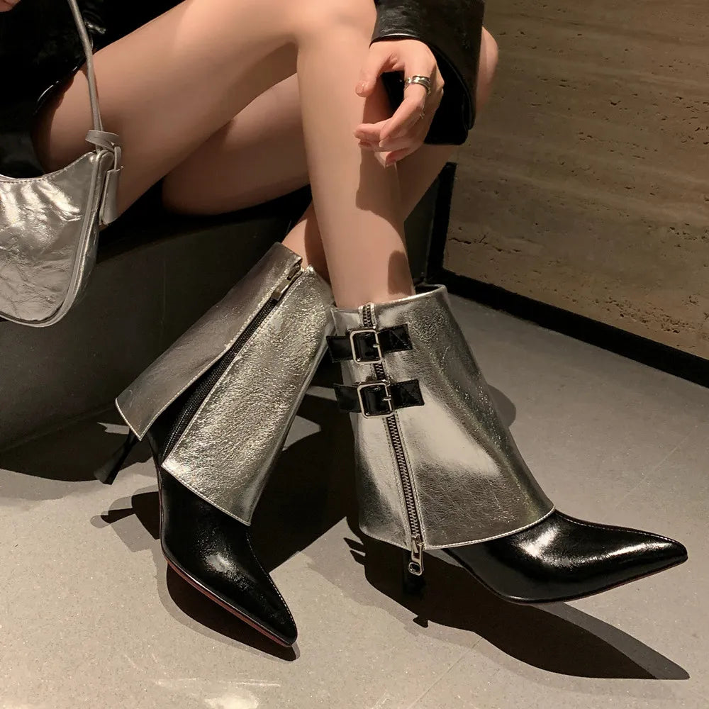 Women Short Boots Autumn Winter Fashion Mixed Colors Thin High Heels Party Office Lady Genuine Leather Shoes Woman