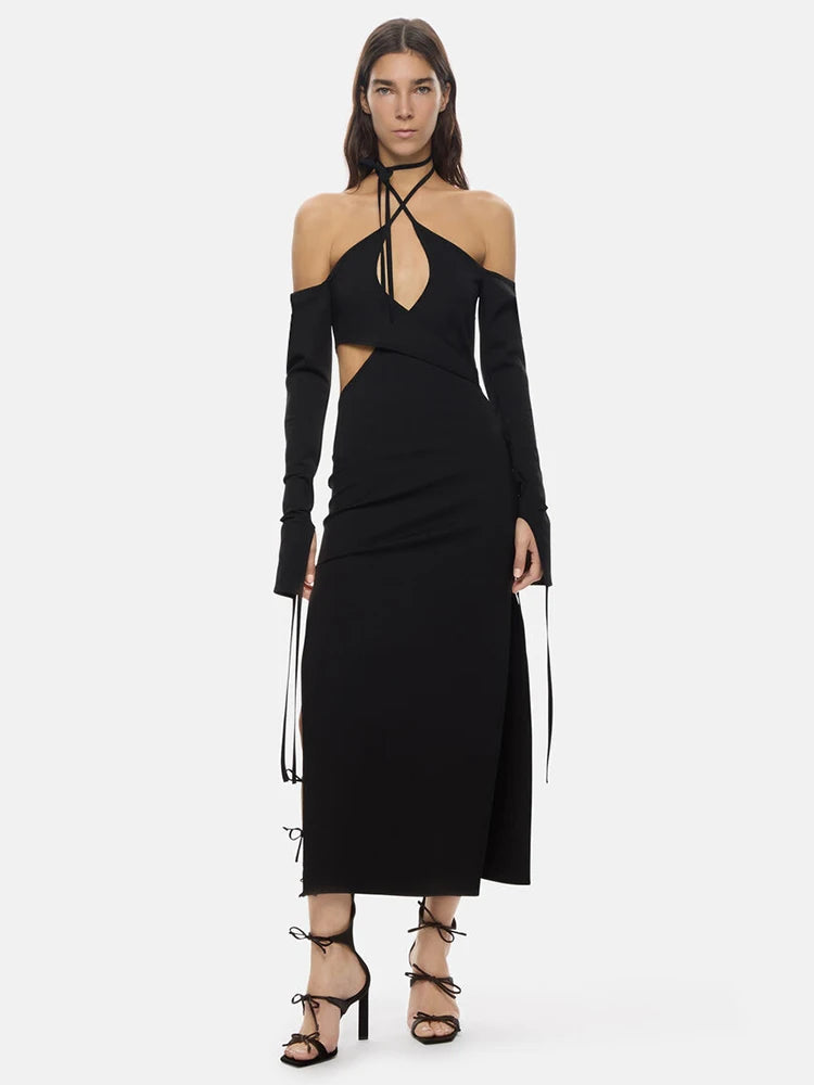 Black Midi Dress Woman Sexy Hollow Out Design Long Sleeve Stretch Bandage Dresses Fashion Casual Wear  Autumn Winter New
