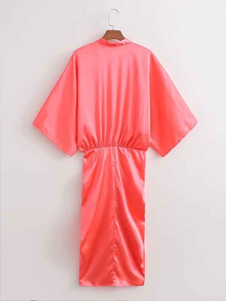 Women Summer Dress Fashion Satin Midi Dress Woman Bat Sleeve Ruched Female Party Dresses Vestidos Mujer