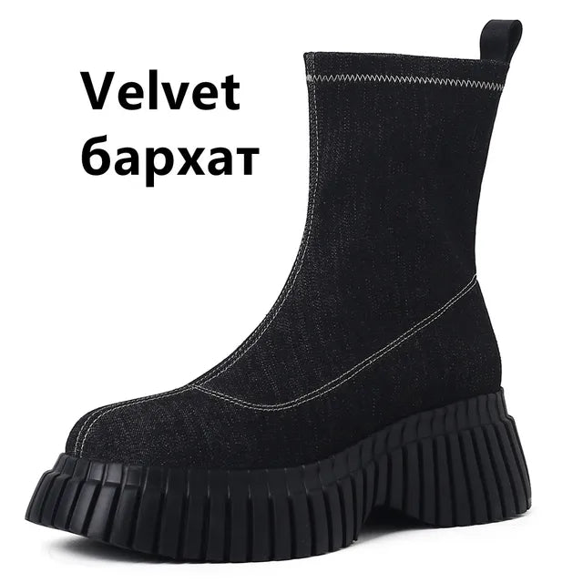 Fashion Platforms Women Stretch Short Boots  Autumn Winter Genuine Leather Casual Ankle Boots Round Toe Shoes Woman