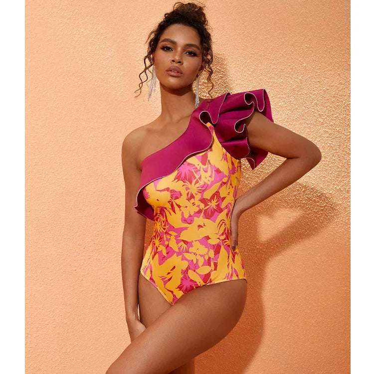 Women's swimsuit One Shoulder Ruffle Printed One Piece Swimsuit and Sarong  Beachwear Summer beach woman Swimwear