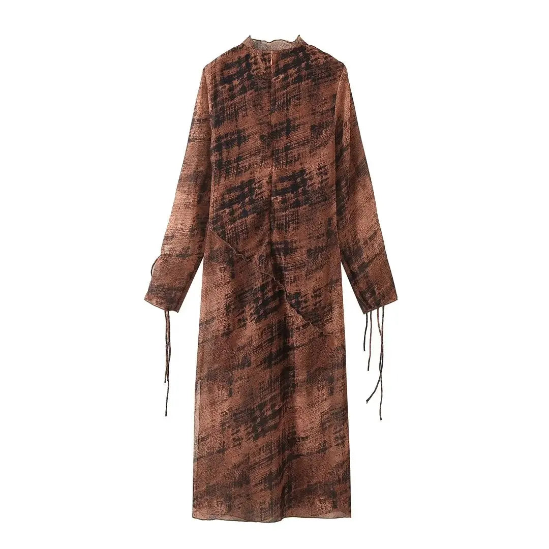 Vintange Print Boho Long Dresses for Women Translucent Sexy Midi Dress Woman Long Sleeve Casual Female Party Dress