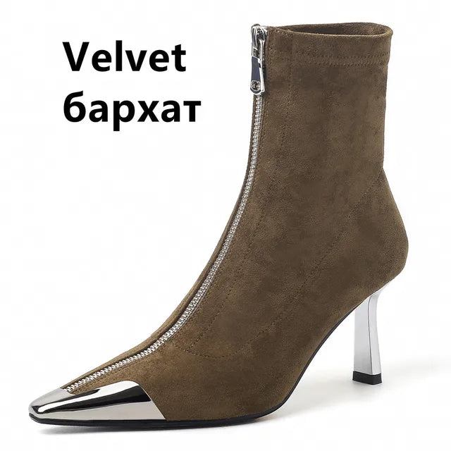 Thin High Heels Elegant Women Ankle Boots Fashion Metal Decoration Zipper Office Lady Party Shoes Woman Autumn Winter