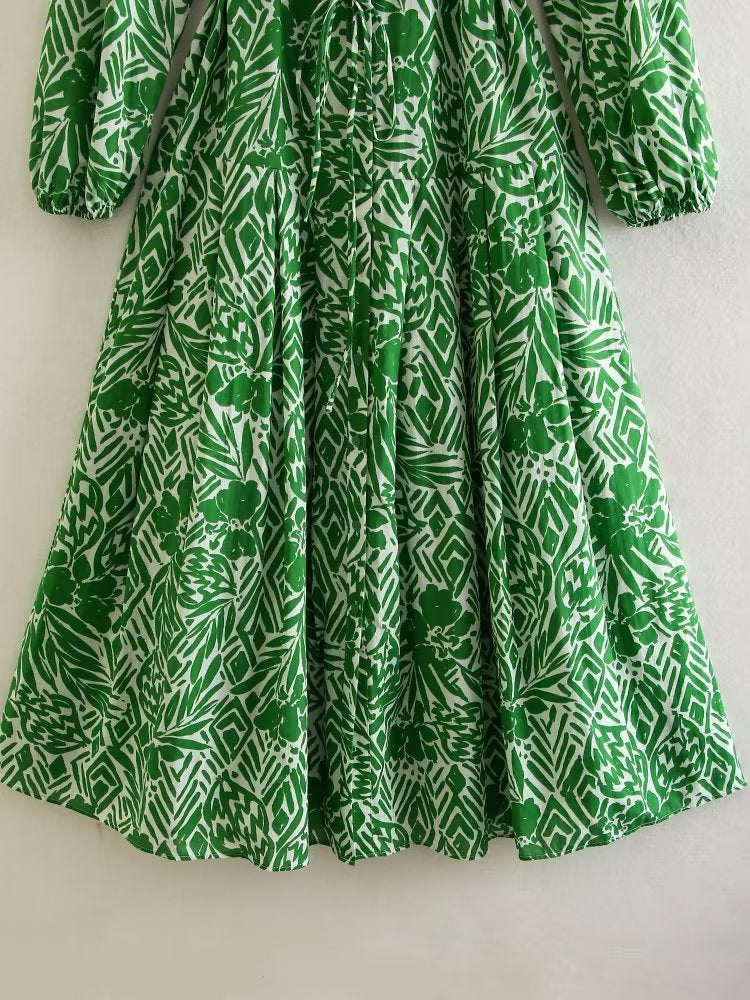 Women's Fashion Print Long Dress Woman Vintage Lapel Long Sleeve Lace Up Front Button Female Chic Dresses