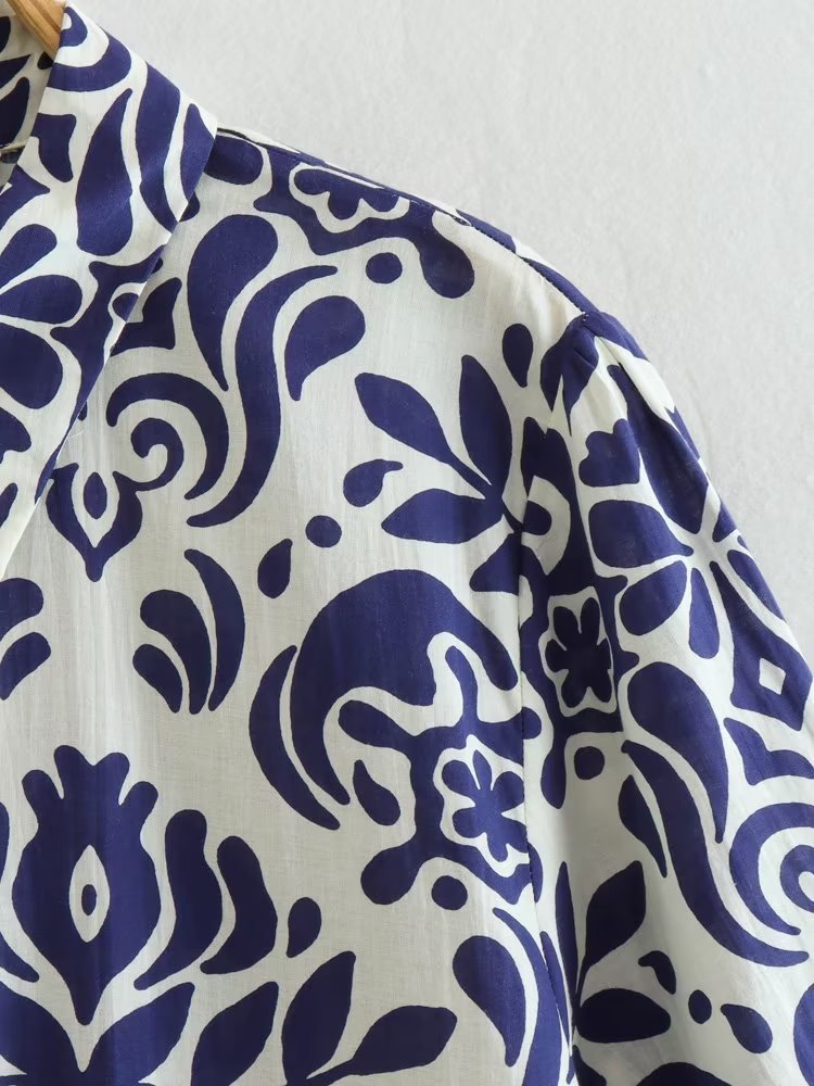 Women Fashion Printed Midi Dress Woman Vintage Lapel Front Button Ruffle Hem Female Chic Midi Dresses