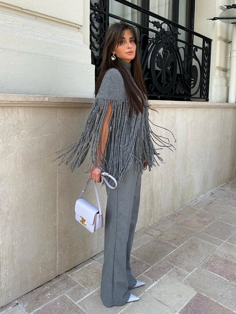TRAF 2023 Knitted Tassels Poncho Coat Women Fashion Hollow Out Cropped Cape Coats Top Woman Autumn Jackets Casual Top