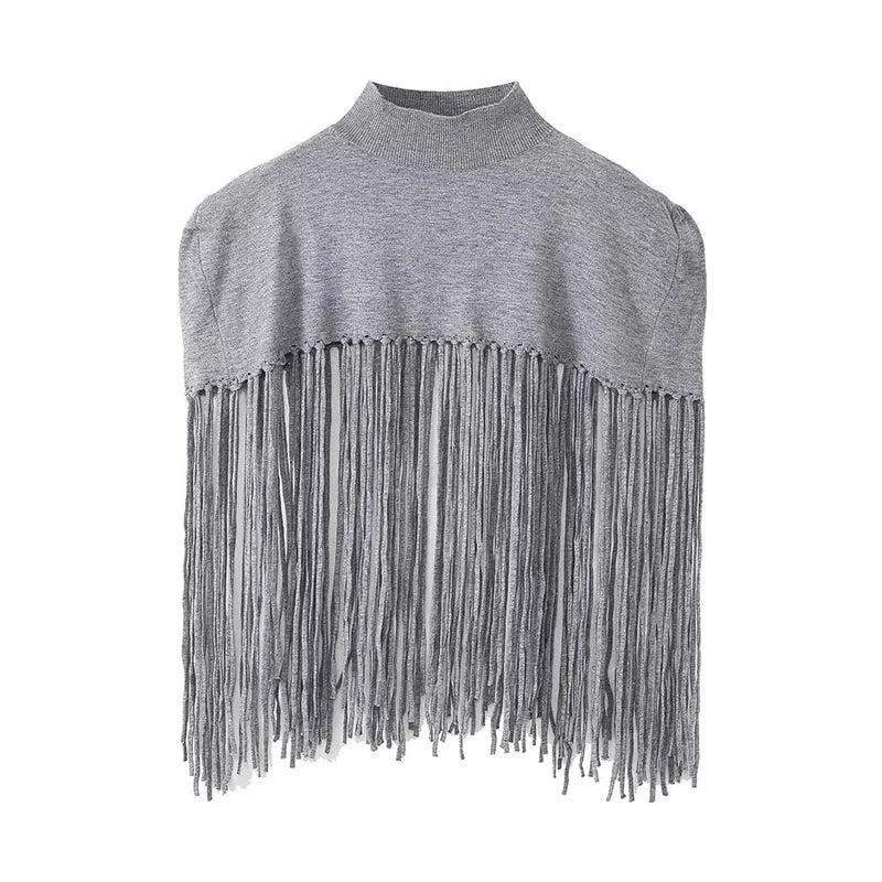 TRAF 2023 Knitted Tassels Poncho Coat Women Fashion Hollow Out Cropped Cape Coats Top Woman Autumn Jackets Casual Top