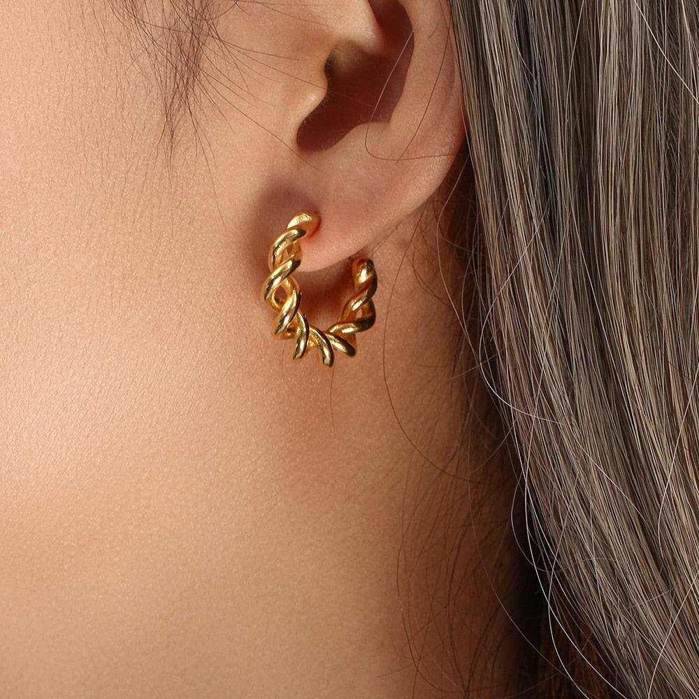 18K Gold Plated Jewelry Tarnish Free Stainless Steel Creative Twisted Hollow Hoop Earrings For Woman