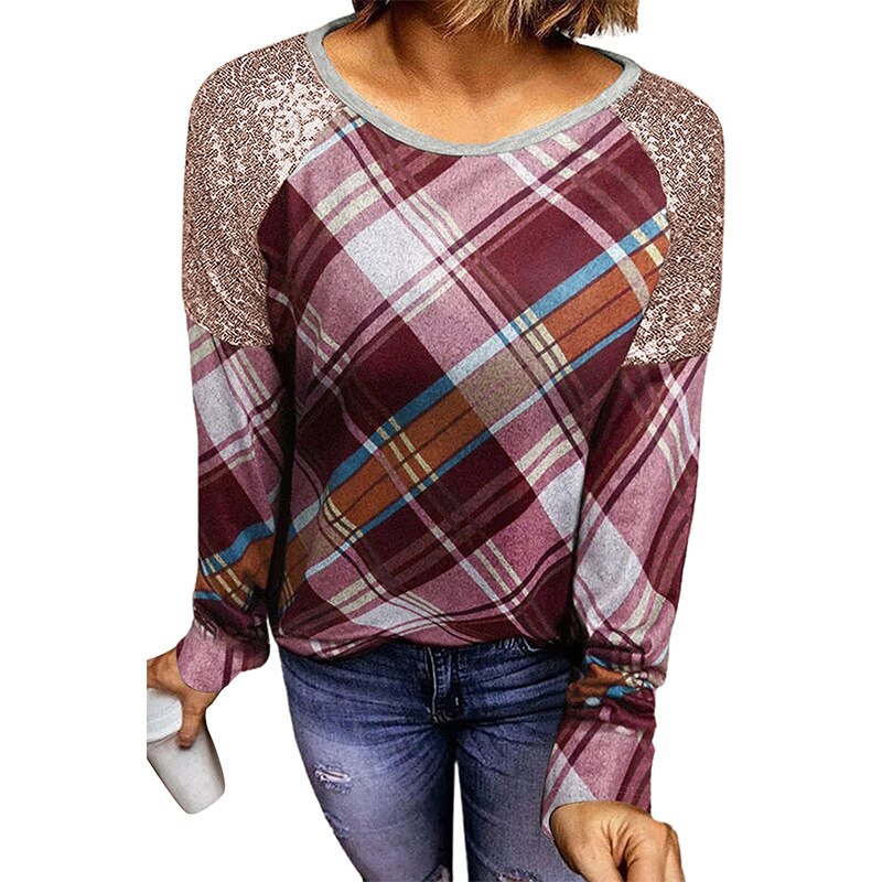 New Autumn Winter Hoods  Solid Sequin Stitching Round Neck Long Sleeve Casual Slim Woman Sweatshirts