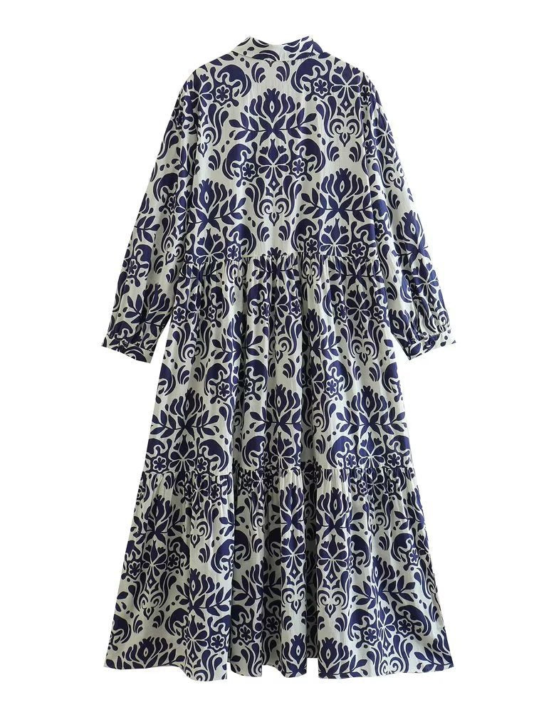 Women Fashion Printed Midi Dress Woman Vintage Lapel Front Button Ruffle Hem Female Chic Midi Dresses